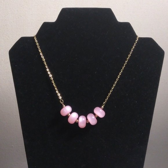 Gold Tone Chain with Pink Beads Necklace - Picture 3 of 7